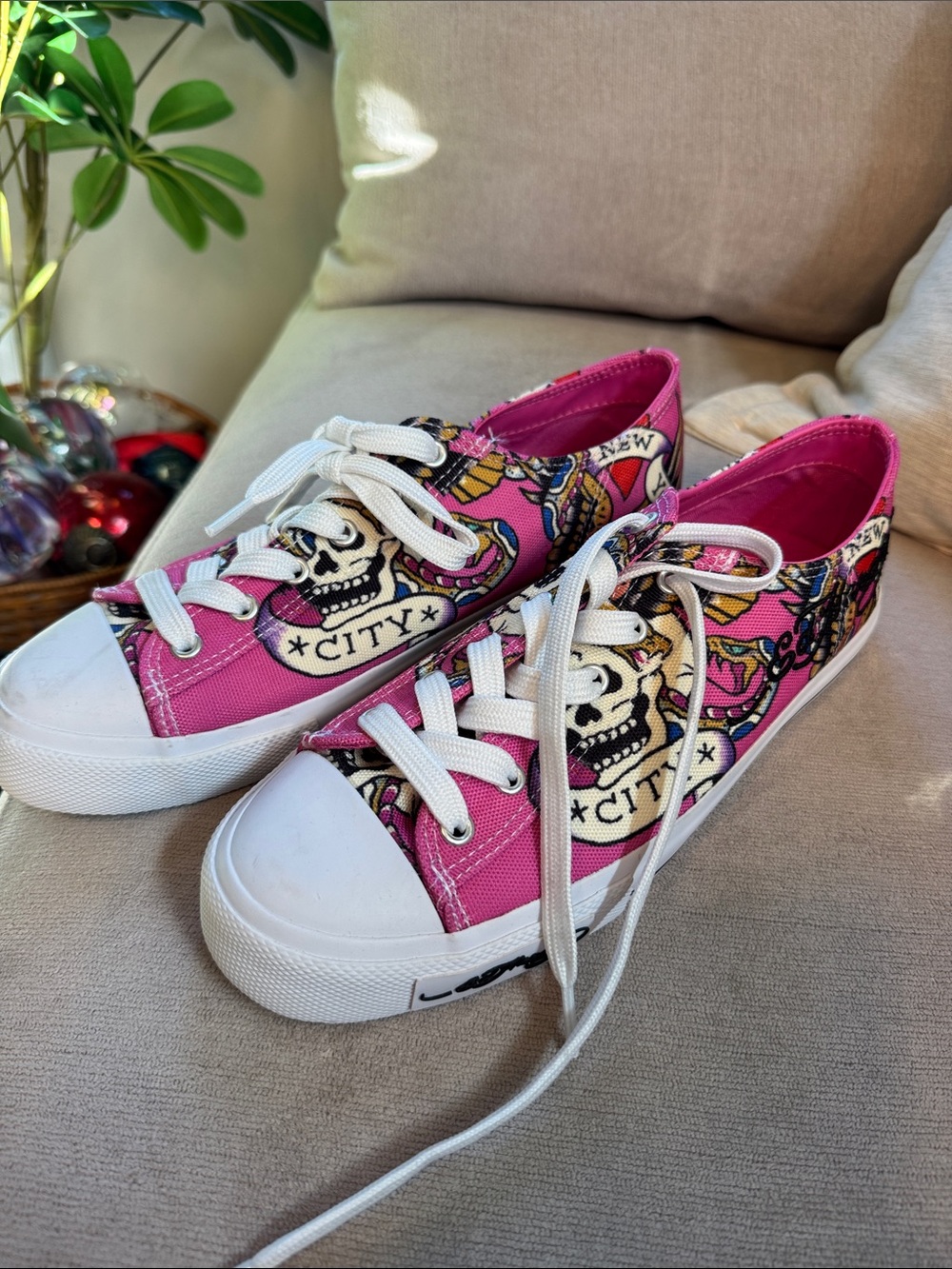 Ed Hardy Pink Skull Graphic Sneakers